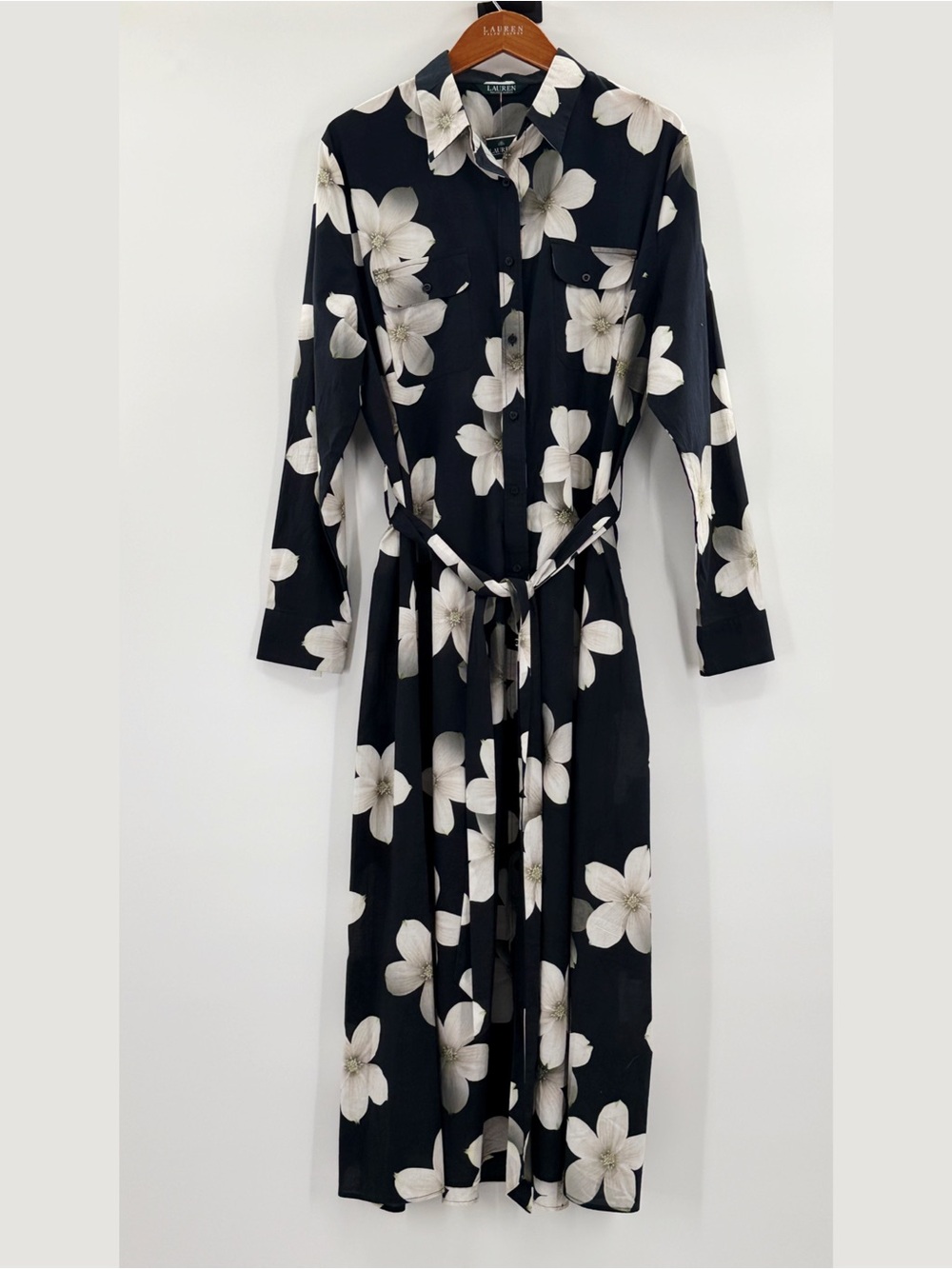 Lauren Ralph Lauren XL Floral Maxi Shirt Dress Cover Up Black White 100% Cotton - Picture 7 of 14